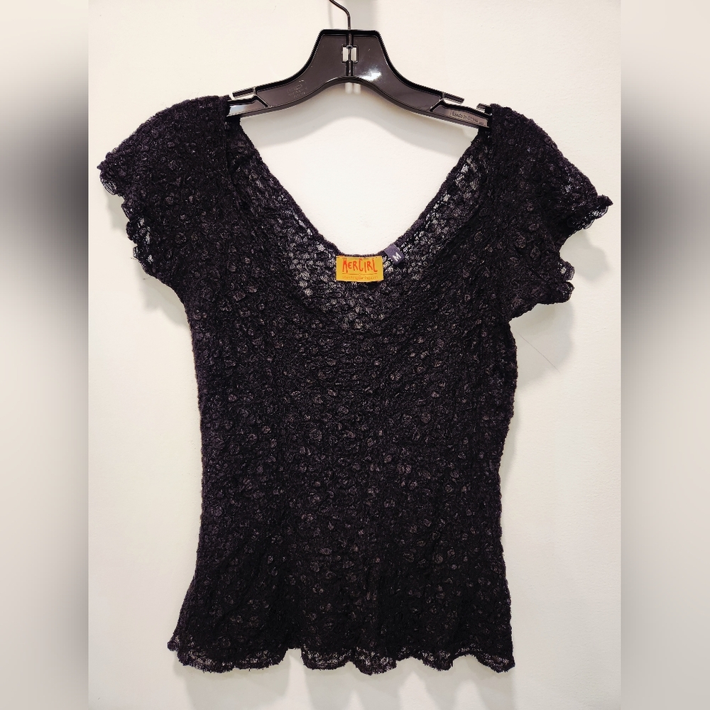 Vintage 90's / Y2K Black Stretch Lace Short Sleeve Top - Medium